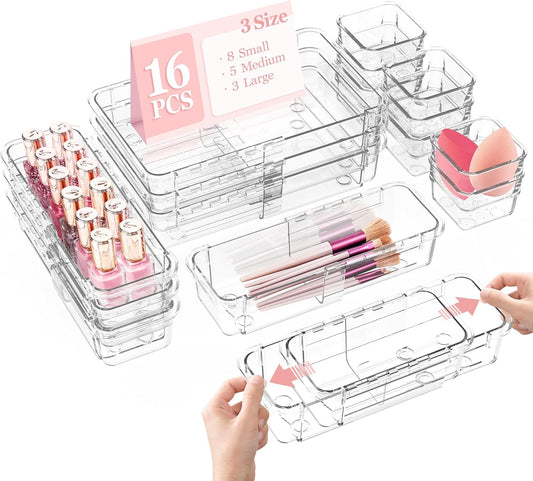 16 Pcs Clear Extendable Drawer Organizer, Adjustable Drawer Storage