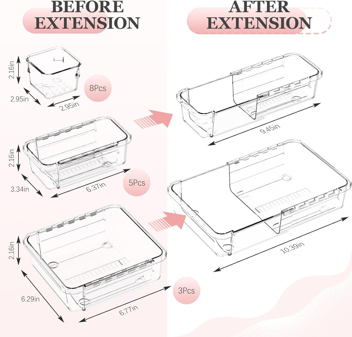 16 Pcs Clear Extendable Drawer Organizer, Adjustable Drawer Storage