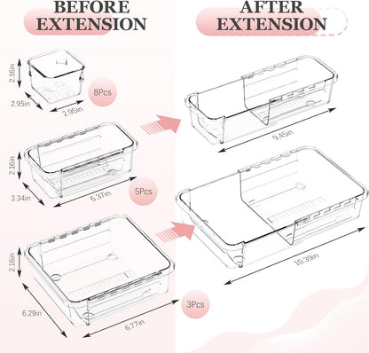 16 Pcs Clear Extendable Drawer Organizer, Adjustable Drawer Storage