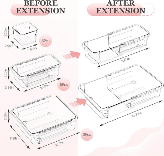 16 Pcs Clear Extendable Drawer Organizer, Adjustable Drawer Storage