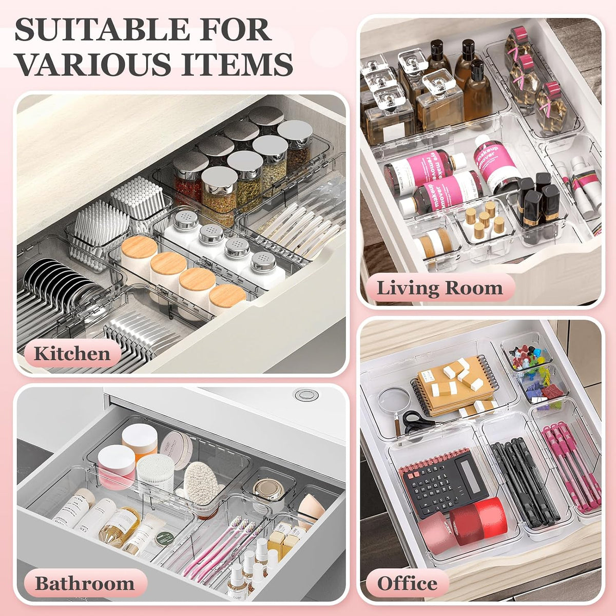 16 Pcs Clear Extendable Drawer Organizer, Adjustable Drawer Storage