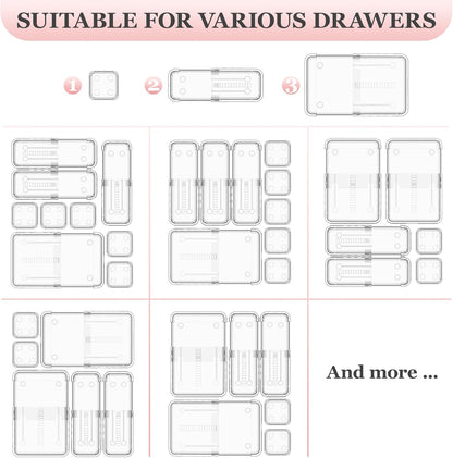 16 Pcs Clear Extendable Drawer Organizer, Adjustable Drawer Storage