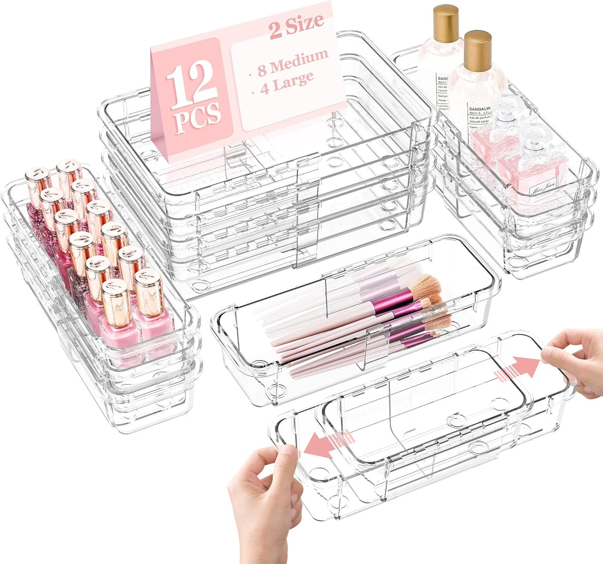 16 Pcs Clear Extendable Drawer Organizer, Adjustable Drawer Storage