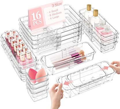 16 Pcs Clear Extendable Drawer Organizer, Adjustable Drawer Storage
