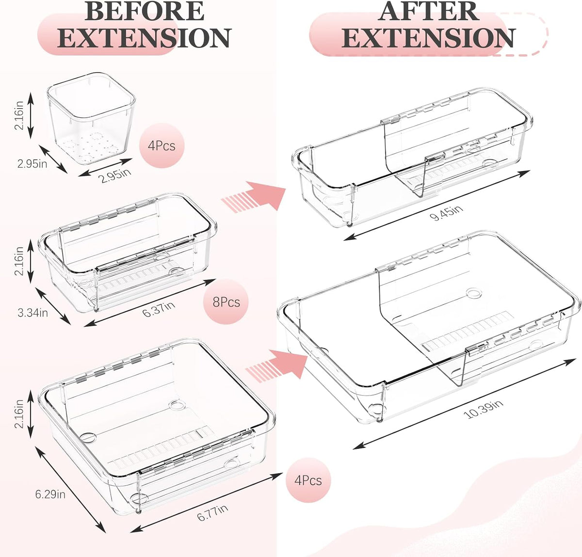 16 Pcs Clear Extendable Drawer Organizer, Adjustable Drawer Storage