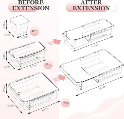 16 Pcs Clear Extendable Drawer Organizer, Adjustable Drawer Storage