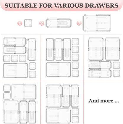 16 Pcs Clear Extendable Drawer Organizer, Adjustable Drawer Storage