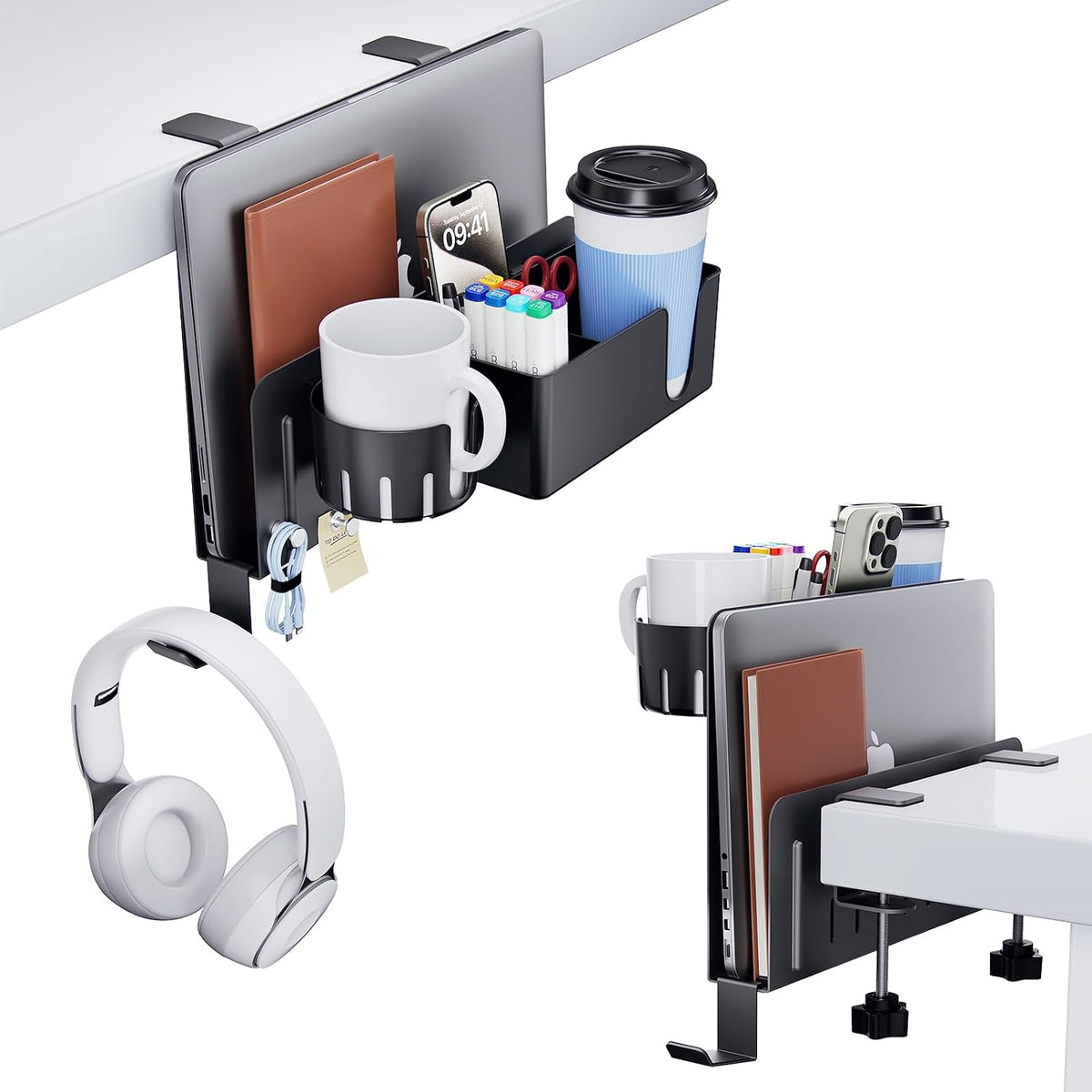 7 in 1 Desk Side Organizer Set, Under Desk Laptop Holder Storage, No Drill Laptop Stand Mount with 2 Cup Holder, Pen Holder, Headphone Hanger and 2 Pin Magnet, Detachable Hanging Stand