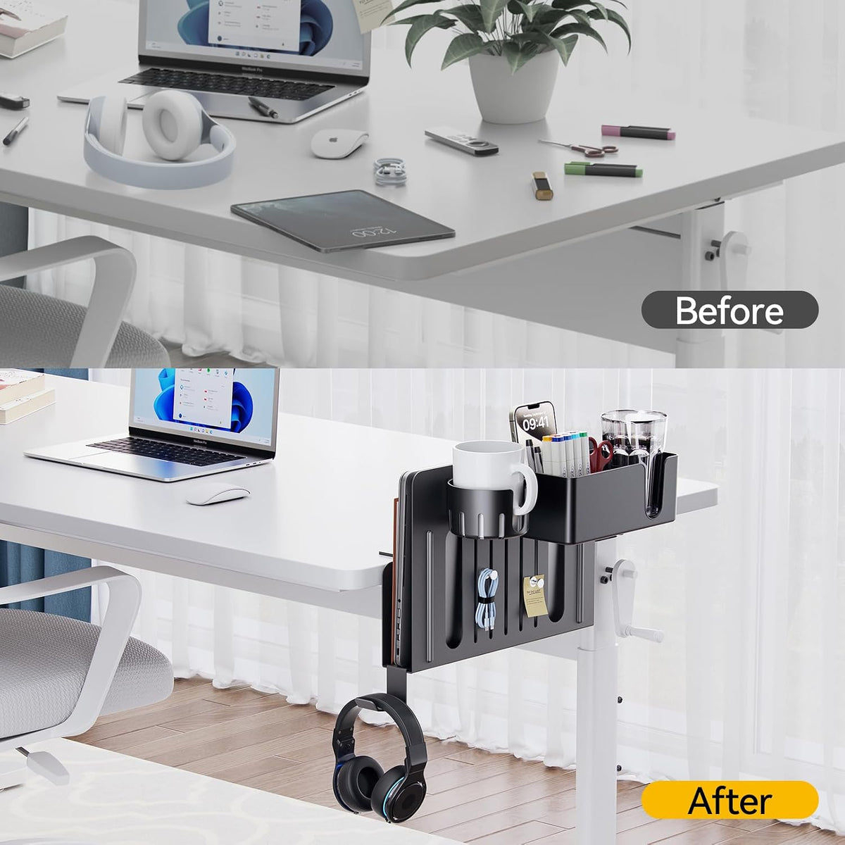 7 in 1 Desk Side Organizer Set, Under Desk Laptop Holder Storage, No Drill Laptop Stand Mount with 2 Cup Holder, Pen Holder, Headphone Hanger and 2 Pin Magnet, Detachable Hanging Stand
