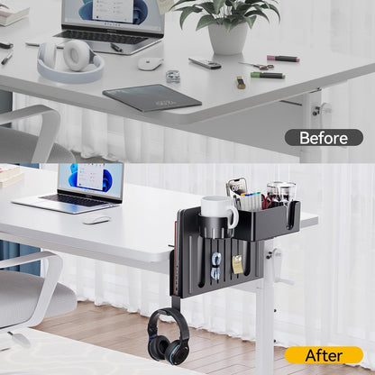 7 in 1 Desk Side Organizer Set, Under Desk Laptop Holder Storage, No Drill Laptop Stand Mount with 2 Cup Holder, Pen Holder, Headphone Hanger and 2 Pin Magnet, Detachable Hanging Stand