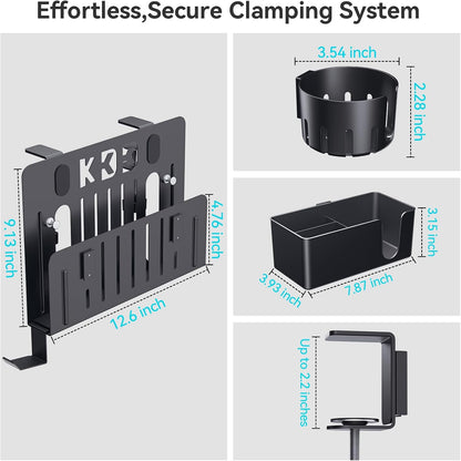 7 in 1 Desk Side Organizer Set, Under Desk Laptop Holder Storage, No Drill Laptop Stand Mount with 2 Cup Holder, Pen Holder, Headphone Hanger and 2 Pin Magnet, Detachable Hanging Stand