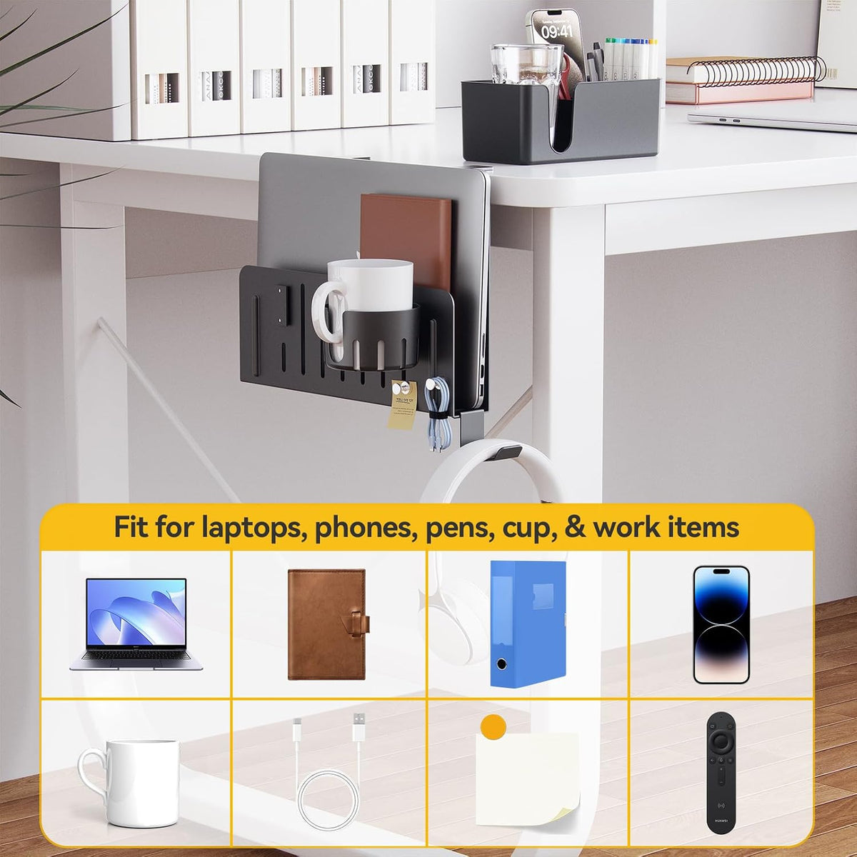 7 in 1 Desk Side Organizer Set, Under Desk Laptop Holder Storage, No Drill Laptop Stand Mount with 2 Cup Holder, Pen Holder, Headphone Hanger and 2 Pin Magnet, Detachable Hanging Stand
