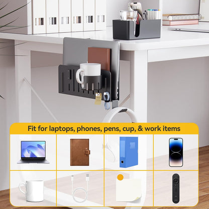 7 in 1 Desk Side Organizer Set, Under Desk Laptop Holder Storage, No Drill Laptop Stand Mount with 2 Cup Holder, Pen Holder, Headphone Hanger and 2 Pin Magnet, Detachable Hanging Stand