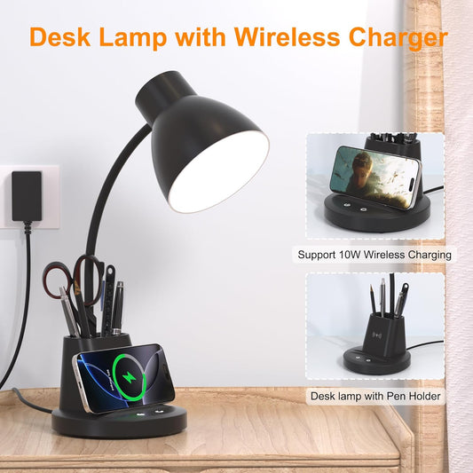 10W Wireless Charging LED Desk Lamp with Pen Holder, CRI 95, Black