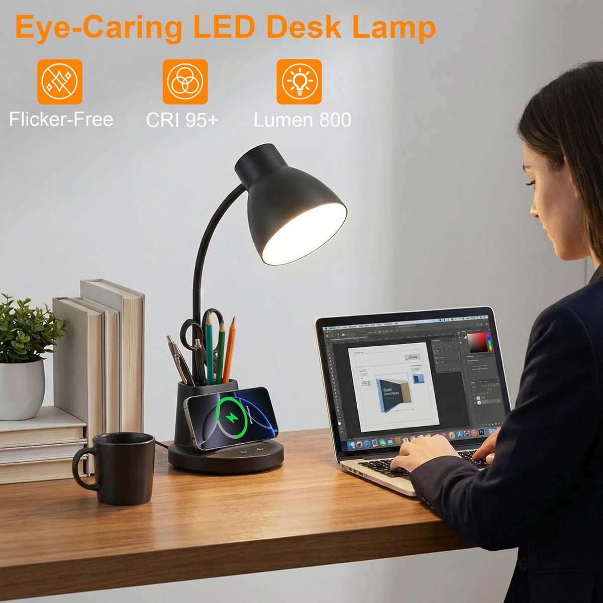 10W Wireless Charging LED Desk Lamp with Pen Holder, CRI 95, Black