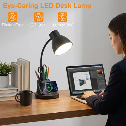 10W Wireless Charging LED Desk Lamp with Pen Holder, CRI 95, Black