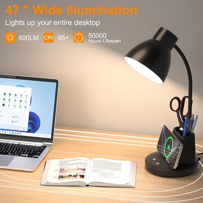 10W Wireless Charging LED Desk Lamp with Pen Holder, CRI 95, Black