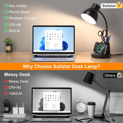 10W Wireless Charging LED Desk Lamp with Pen Holder, CRI 95, Black