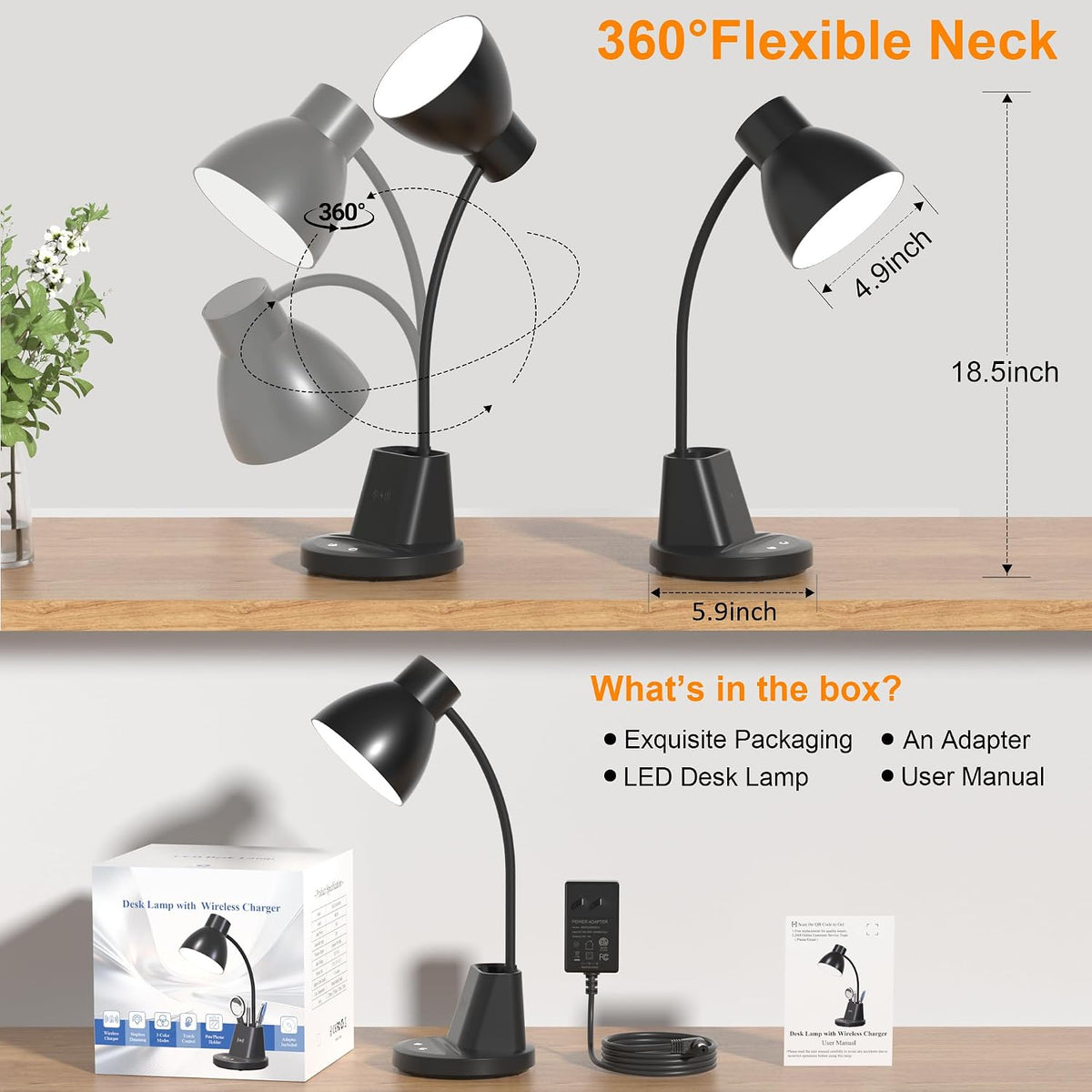 10W Wireless Charging LED Desk Lamp with Pen Holder, CRI 95, Black