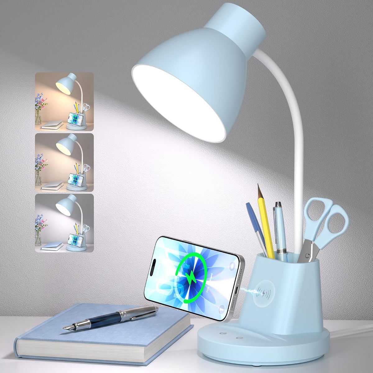 10W Wireless Charging LED Desk Lamp with Pen Holder, CRI 95, Black