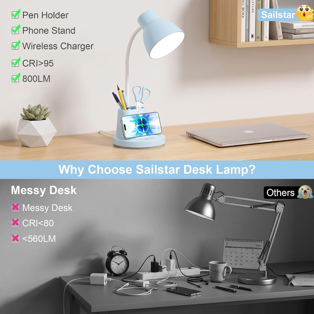10W Wireless Charging LED Desk Lamp with Pen Holder, CRI 95, Black