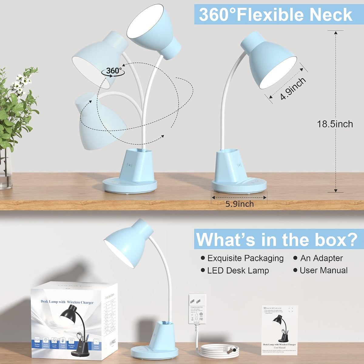 10W Wireless Charging LED Desk Lamp with Pen Holder, CRI 95, Black