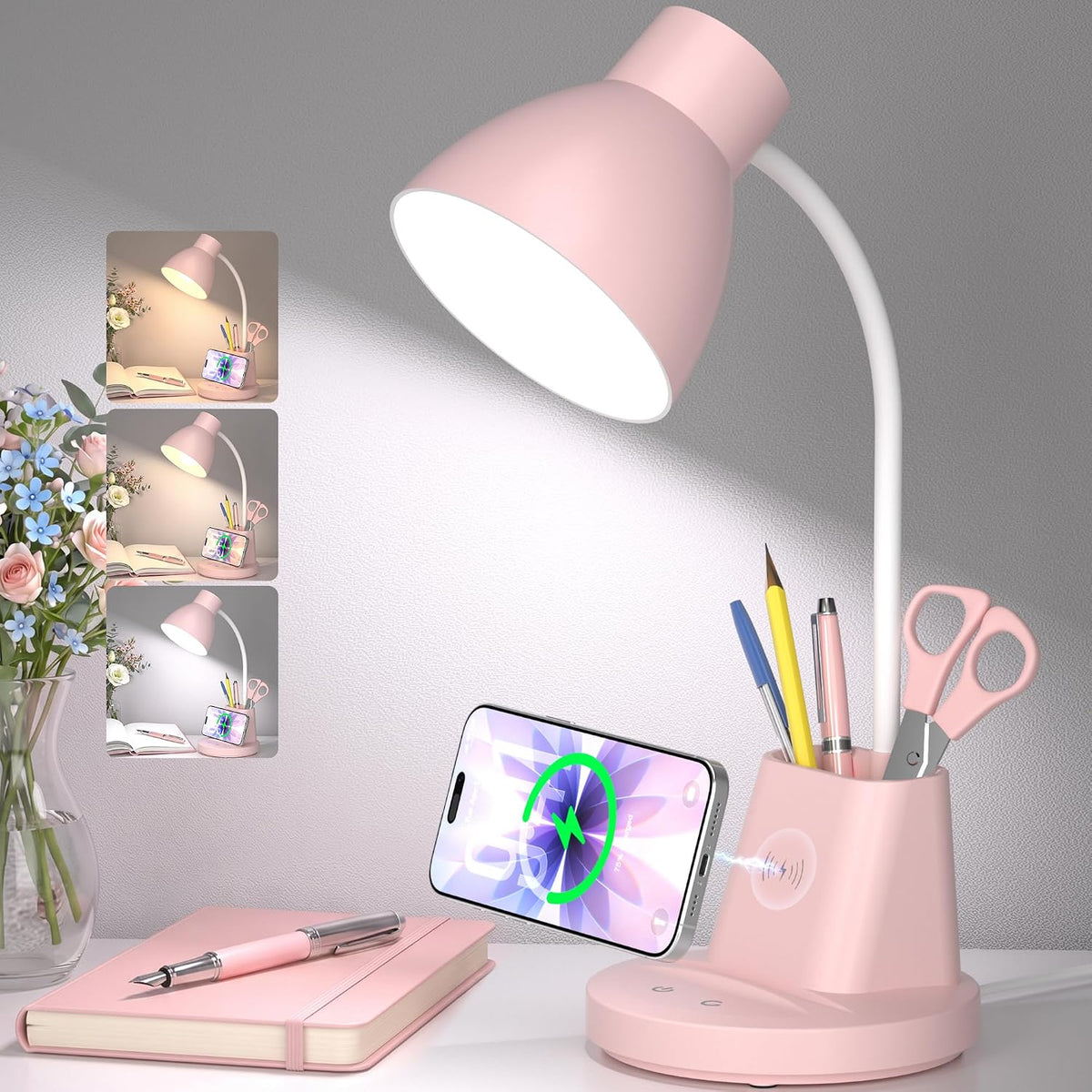 10W Wireless Charging LED Desk Lamp with Pen Holder, CRI 95, Black