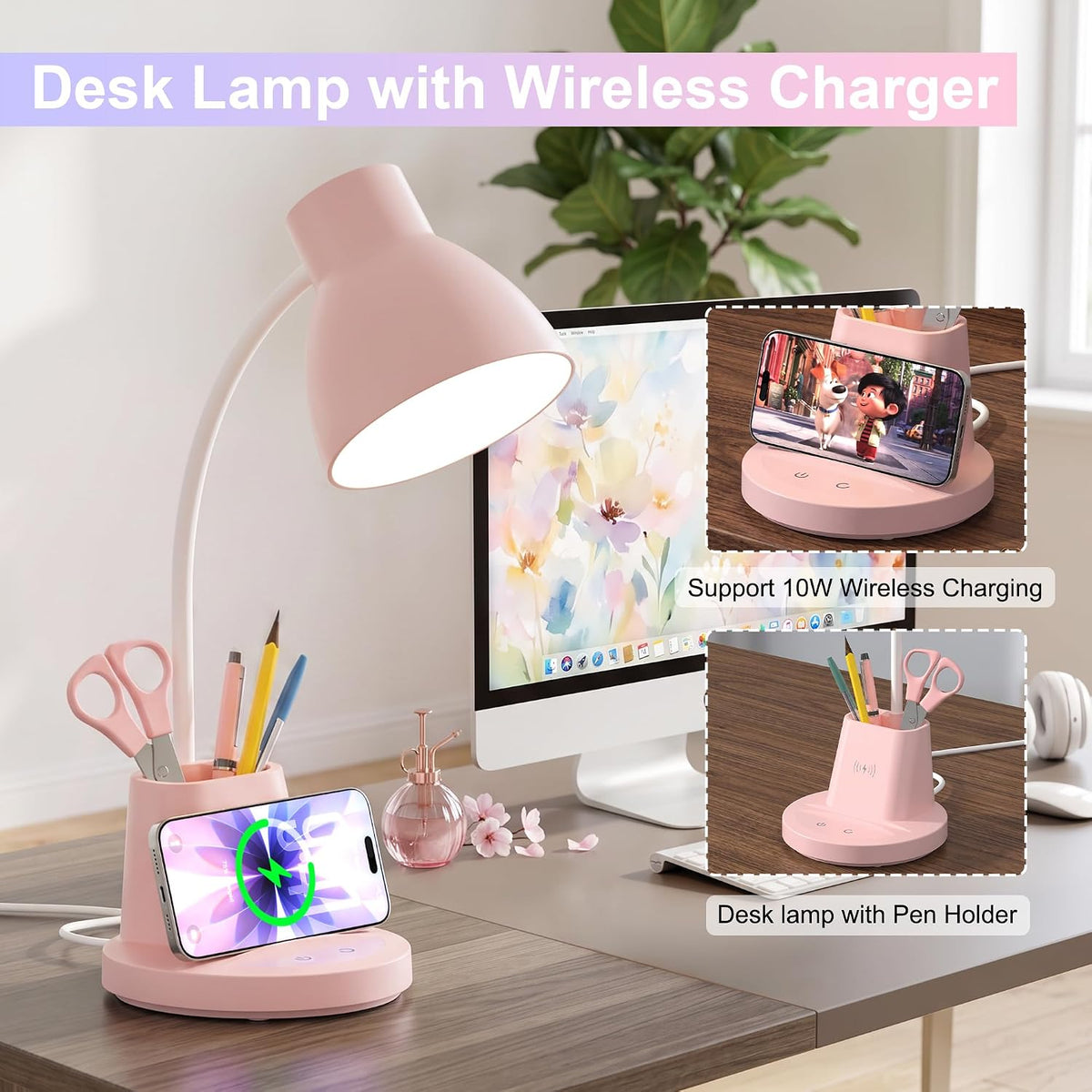 10W Wireless Charging LED Desk Lamp with Pen Holder, CRI 95, Black