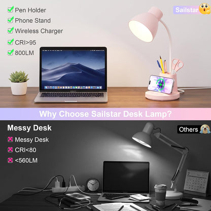 10W Wireless Charging LED Desk Lamp with Pen Holder, CRI 95, Black