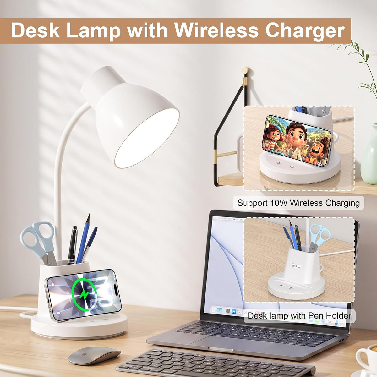 10W Wireless Charging LED Desk Lamp with Pen Holder, CRI 95, Black
