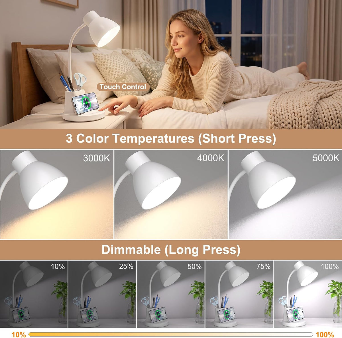 10W Wireless Charging LED Desk Lamp with Pen Holder, CRI 95, Black
