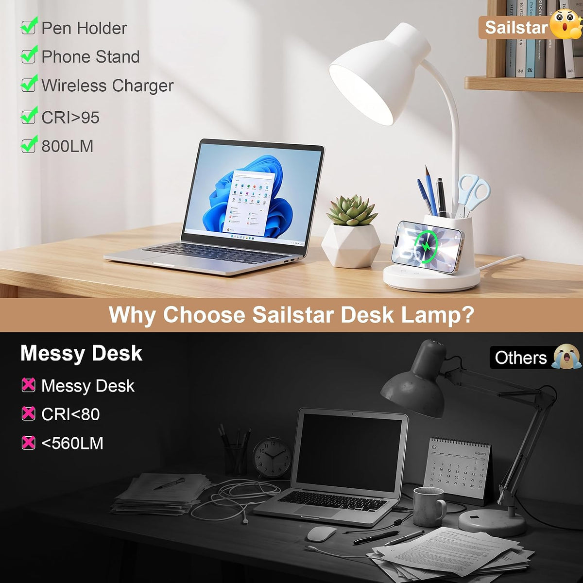 10W Wireless Charging LED Desk Lamp with Pen Holder, CRI 95, Black