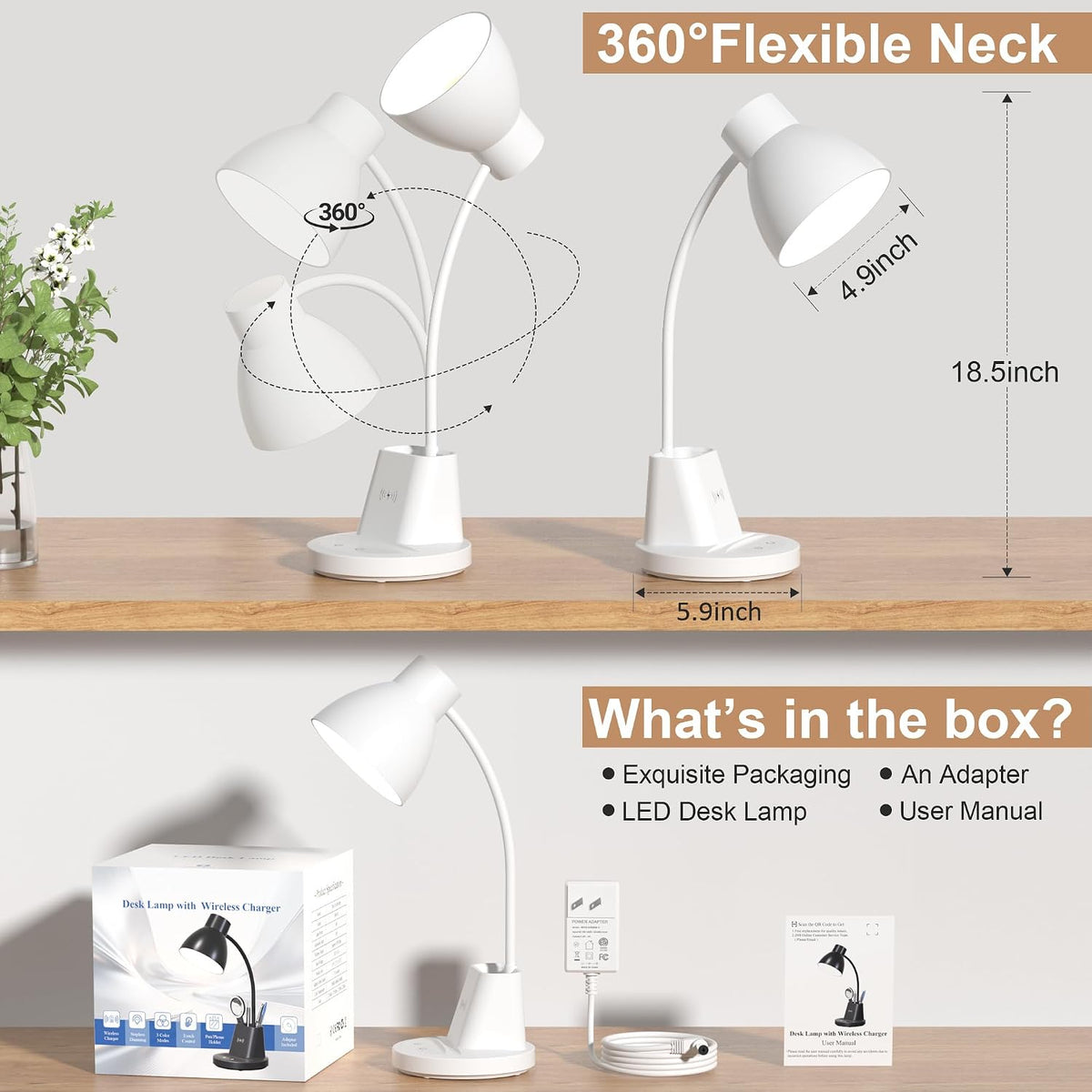 10W Wireless Charging LED Desk Lamp with Pen Holder, CRI 95, Black