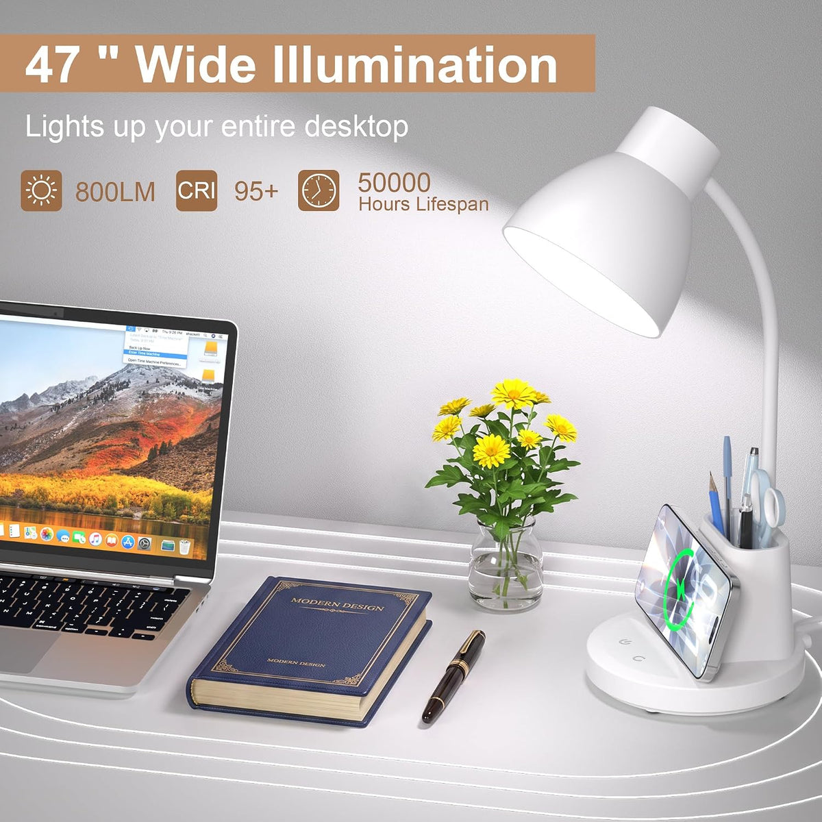 10W Wireless Charging LED Desk Lamp with Pen Holder, CRI 95, Black