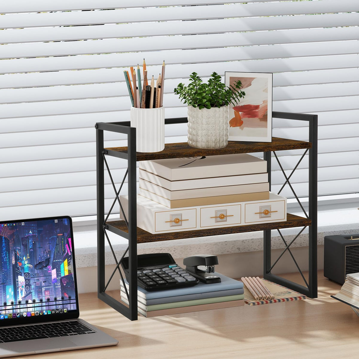 Desktop Shelf Organizer, 2 Tier Office Shelves, Wood Desk Organizer Storage Rack and Freestanding Display Shelf for Office, Dormitory, Home