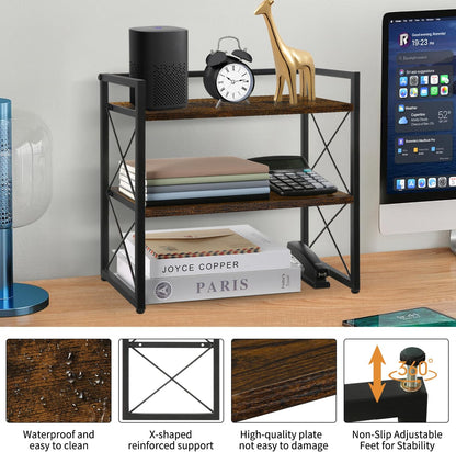 Desktop Shelf Organizer, 2 Tier Office Shelves, Wood Desk Organizer Storage Rack and Freestanding Display Shelf for Office, Dormitory, Home