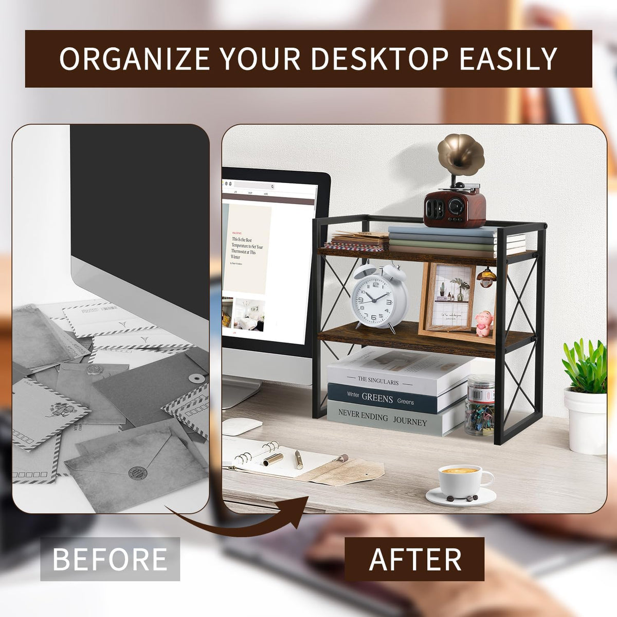Desktop Shelf Organizer, 2 Tier Office Shelves, Wood Desk Organizer Storage Rack and Freestanding Display Shelf for Office, Dormitory, Home