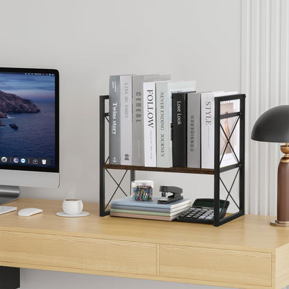 Desktop Shelf Organizer, 2 Tier Office Shelves, Wood Desk Organizer Storage Rack and Freestanding Display Shelf for Office, Dormitory, Home