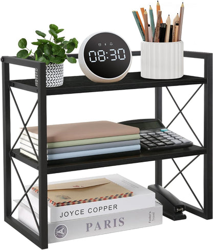 Desktop Shelf Organizer, 2 Tier Office Shelves, Wood Desk Organizer Storage Rack and Freestanding Display Shelf for Office, Dormitory, Home