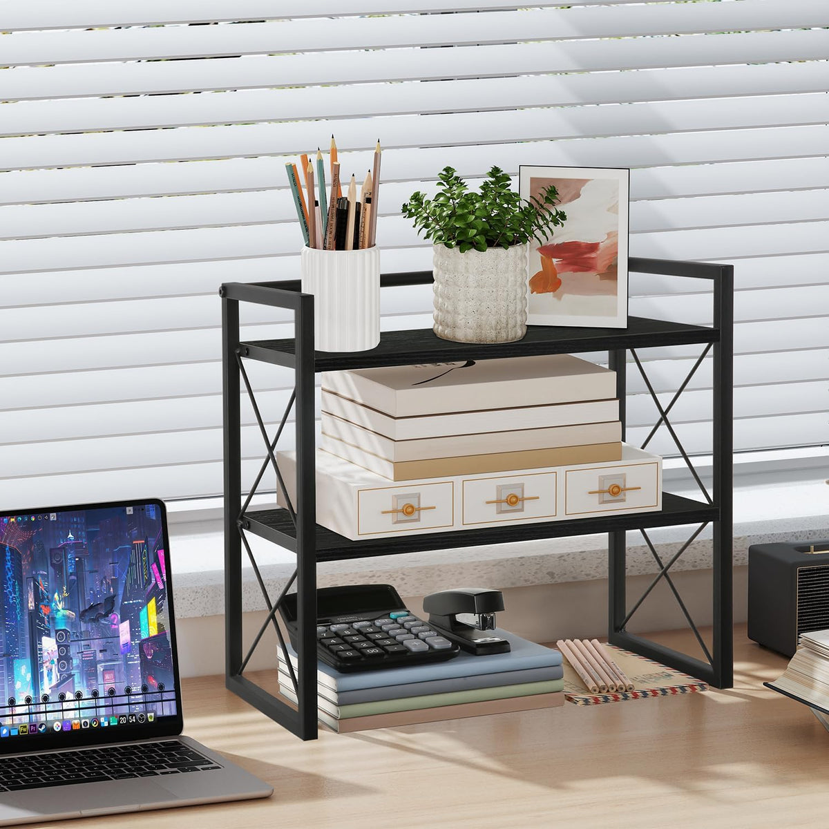 Desktop Shelf Organizer, 2 Tier Office Shelves, Wood Desk Organizer Storage Rack and Freestanding Display Shelf for Office, Dormitory, Home