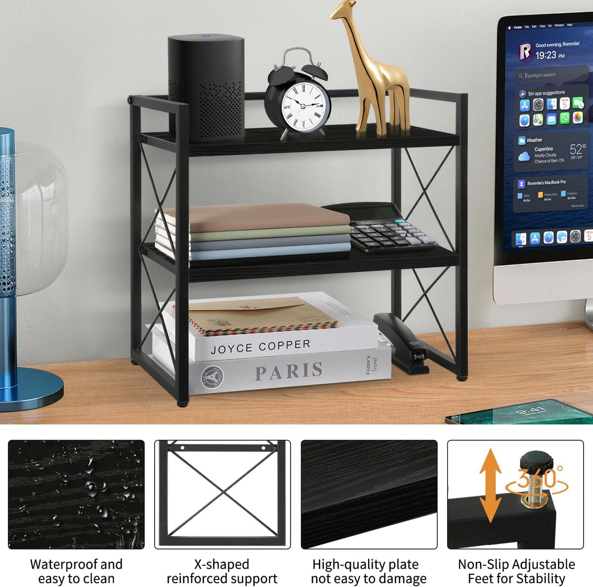 Desktop Shelf Organizer, 2 Tier Office Shelves, Wood Desk Organizer Storage Rack and Freestanding Display Shelf for Office, Dormitory, Home
