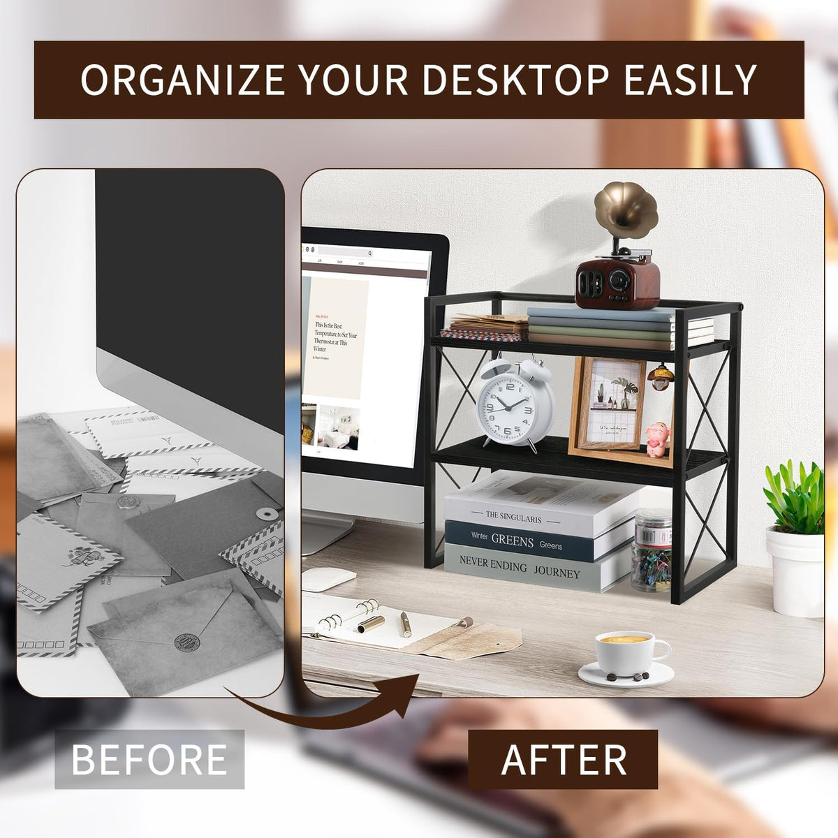 Desktop Shelf Organizer, 2 Tier Office Shelves, Wood Desk Organizer Storage Rack and Freestanding Display Shelf for Office, Dormitory, Home