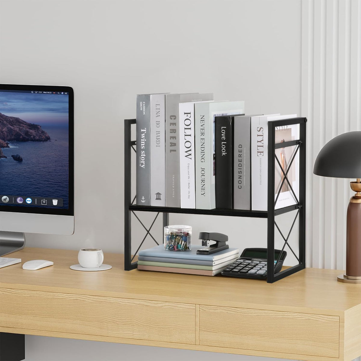 Desktop Shelf Organizer, 2 Tier Office Shelves, Wood Desk Organizer Storage Rack and Freestanding Display Shelf for Office, Dormitory, Home