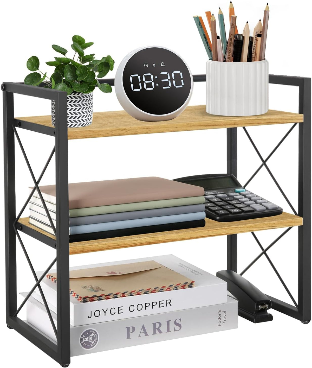 Desktop Shelf Organizer, 2 Tier Office Shelves, Wood Desk Organizer Storage Rack and Freestanding Display Shelf for Office, Dormitory, Home