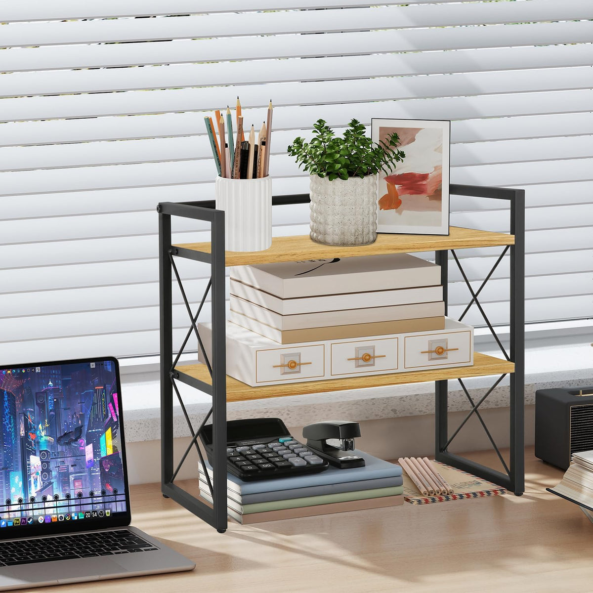 Desktop Shelf Organizer, 2 Tier Office Shelves, Wood Desk Organizer Storage Rack and Freestanding Display Shelf for Office, Dormitory, Home