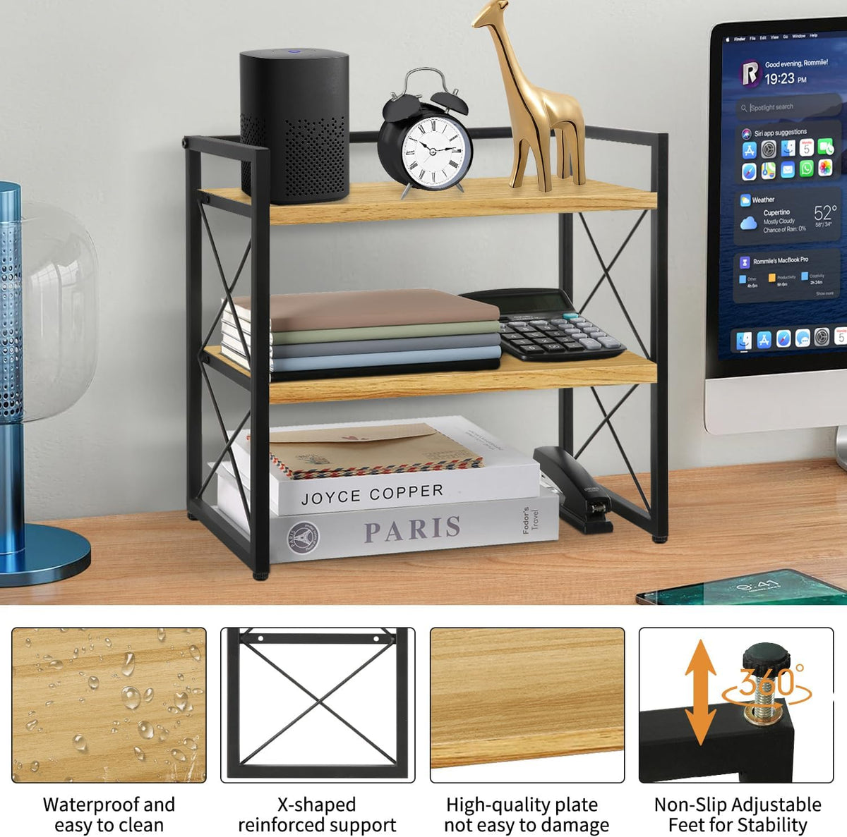 Desktop Shelf Organizer, 2 Tier Office Shelves, Wood Desk Organizer Storage Rack and Freestanding Display Shelf for Office, Dormitory, Home