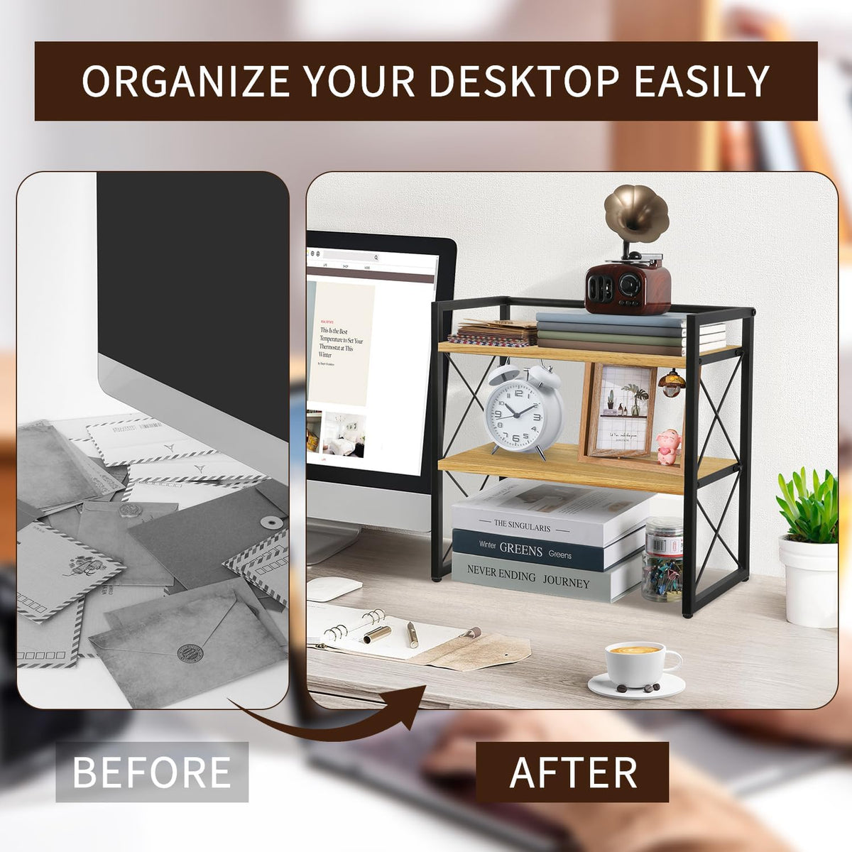 Desktop Shelf Organizer, 2 Tier Office Shelves, Wood Desk Organizer Storage Rack and Freestanding Display Shelf for Office, Dormitory, Home