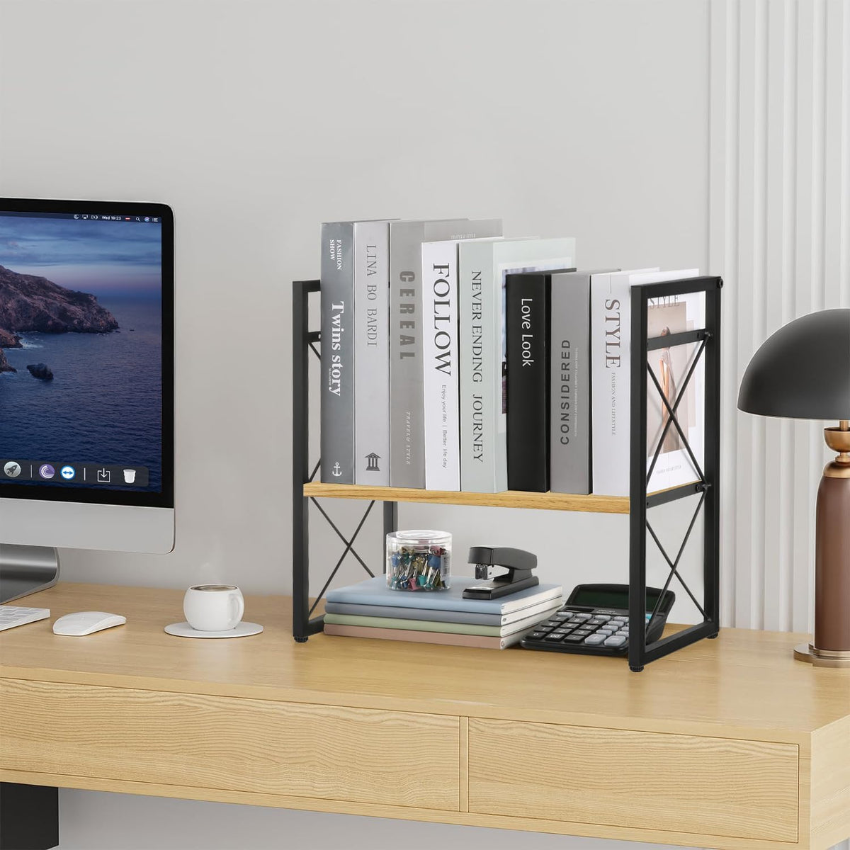 Desktop Shelf Organizer, 2 Tier Office Shelves, Wood Desk Organizer Storage Rack and Freestanding Display Shelf for Office, Dormitory, Home