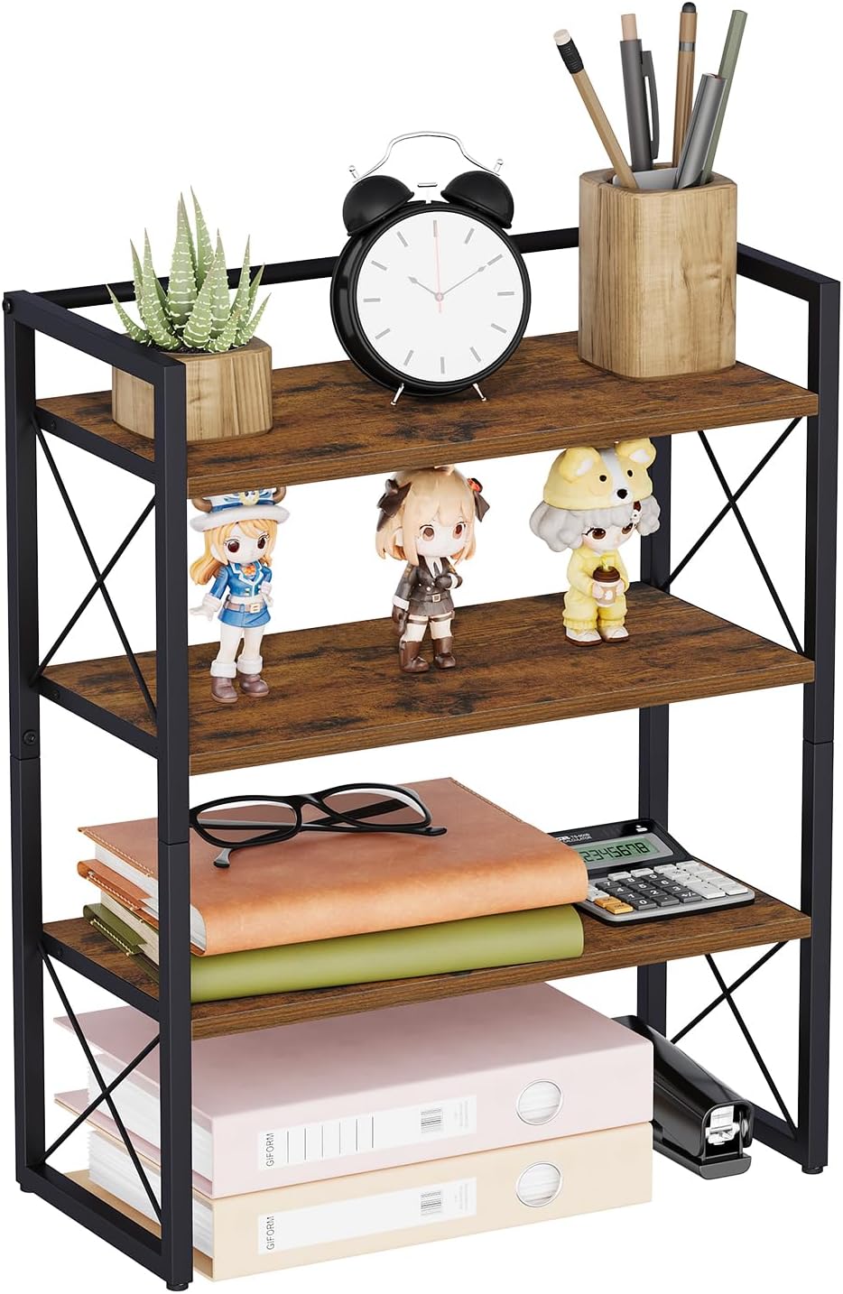 Desktop Shelf Organizer, 2 Tier Office Shelves, Wood Desk Organizer Storage Rack and Freestanding Display Shelf for Office, Dormitory, Home