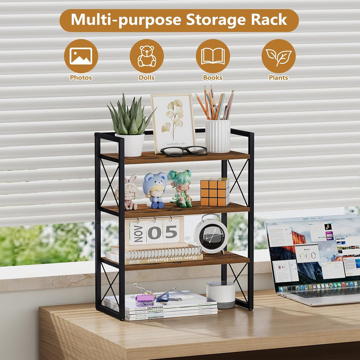 Desktop Shelf Organizer, 2 Tier Office Shelves, Wood Desk Organizer Storage Rack and Freestanding Display Shelf for Office, Dormitory, Home
